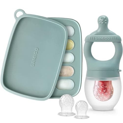 SAMiGO Baby Food Fruit Feeder and Breastmilk Popsicle Mold Set, Silicone Fruit Teether, Food Feeder Pacifier for Teething Relief, Freezer Tray, Baby Feeding Essentials, 4 Months+ - Image 1