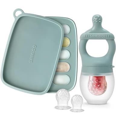 SAMiGO Baby Food Fruit Feeder and Breastmilk Popsicle Mold Set, Silicone Fruit Teether, Food Feeder Pacifier for Teething Relief, Freezer Tray, Baby Feeding Essentials, 4 Months+ - Image 1