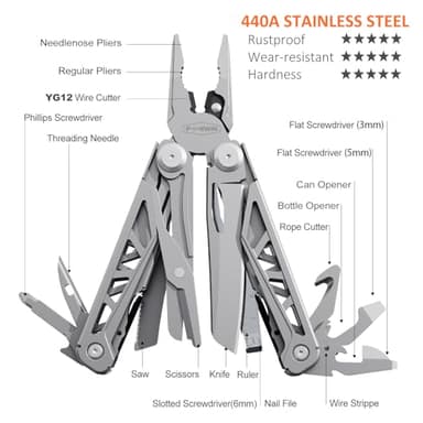 PERWIN Multitool, 17-in-1 Stainless Steel Multi Tool Pliers with Self-Locking, Pocket Knife, Nylon Sheath, Professional (EDC) Multi-Tool for Survival, Camping and Hunting, Hiking, Gifts for Men - Image 3