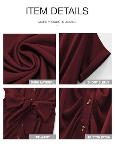 BTFBM Women Button Down Ruched Shirt Dresses Satin Short Sleeve Lapel V Neck Summer Maxi Dress 2025 Party Wedding Guest(Dark Wine Red, Medium) - Image 6