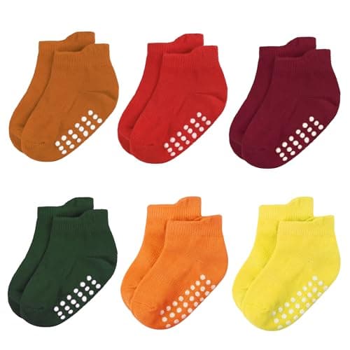 jealkip 6 Pairs Baby and Toddler Socks,Soft Cotton Non-Slip Ankle Socks for New Born,Boys and Girls,6-12 Months,(Caramel/red/redbrown/darkgreen/orange/yellow) - Image 1