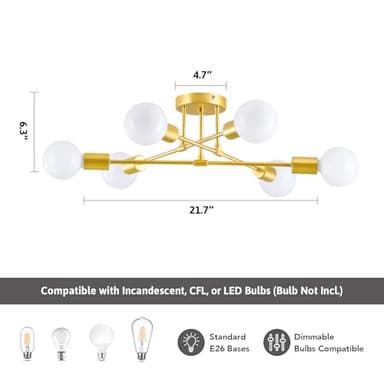 VONLUCE 6-Light Sputnik Light Fixture, 6-Light Flush Mount Ceiling Lights Gold with E26 Base, Modern Sputnik Chandelier for Living Room Kitchen Hallway Bedroom - Image 3
