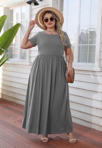 Nemidor Plus Size Maxi Dresses for Curvy Women Summer Casual Loose Short Sleeve Long Beach Dress with Pocket(149,18,Grey) - Image 4
