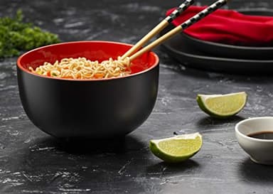KooK Ramen Bowl, Japanese Bowls, Noodle Bowls, Large Soup Bowl, Ceramic, Large Capacity, For Ramen, Pho, Udon, Soba, Microwave and Dishwasher Safe, 34 oz, Set of 4 (Black/Red) - Image 3