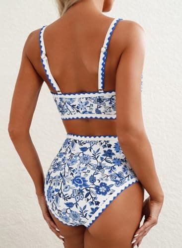 Herseas Women's Bikini Sets Floral Print Whip Stitch 2 Piece Modest Swimsuits High Waisted Scoop Padded Blue Bathing Suits Medium - Image 2