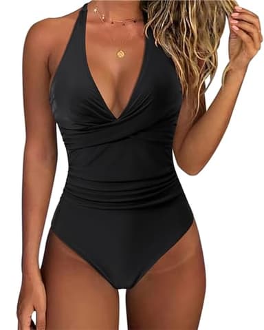 SUUKSESS Women Sexy Tummy Control One Piece Swimsuits Halter Push Up Monokini Bathing Suits (Black, S) - Image 1