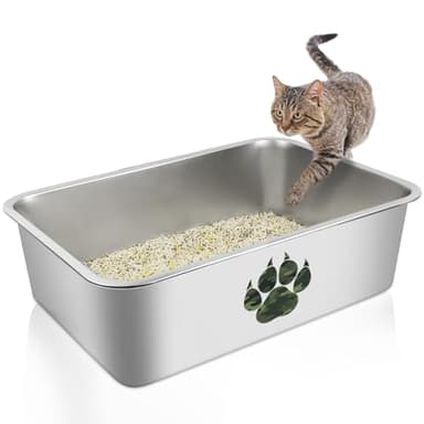 PWTAA Stainless Steel Cat Litter Box, High Side Cats Toilet Metal Litter Box, Pet Cleaning Tool for Cats, Rabbits, Splash-Proof and Non-Stick Cat Poop Box odorless, Camo Paws 23.6"x15.7"x7.9" - Image 1