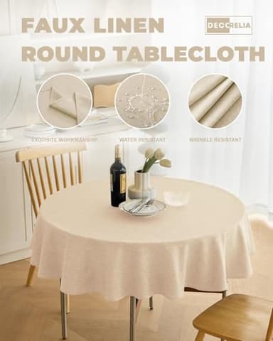 Decorelia Faux Linen Round Table Cloth 60 inch, Waterproof Decorative Fabric Anti-Scratch Texture Round Tablecloth Cover for Dining, Kitchen & Outdoor Table (60 Inch, Round (2-4 Seats), Beige) - Image 3