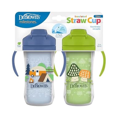 Dr. Brown's Milestones Insulated Sippy Cup with Straw and Handles, Spill-Proof Tumbler with Lid, 2-Pack, Blue & Green, 10 oz/300 mL, BPA Free, 12m+ - Image 1
