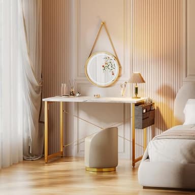 ODK Computer Desk, 40 Inch Small Study Desk, Office Desk with Storage, Work Table with Headphone Hook for Small Space Home Office, White Marble + Gold Leg - Image 9