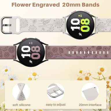 Flower Engraved Bands Compatible with Samsung Galaxy Watch 7/ FE/ 6/5/ 4/ Active 2 40mm 44mm/ 5 Pro 45mm/ Watch 6/4 Classic 43mm 47mm 42mm 46mm, 3 Pack 20mm Soft Silicone Replacement Watch Band BPS - Image 2