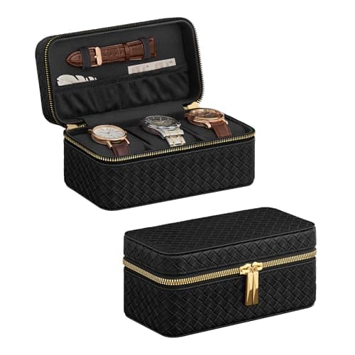 SONGMICS HOME RONNE Collection - 3-Slot Mens Jewelry Box, Watch Travel Case, PU Leather Watch Box, 3.9 x 7.9 x 3.5 Inches, Gift Idea, Ink Black Surface, Ink Black Lining UJWB017B01 - Image 1