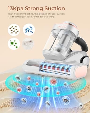 JIGOO Bed Vacuum Cleaner with Dust Sensor, Mattress Vacuum Cleaner with UV & Ultrasonic and High Heating, 13Kpa Suction 500W Powerful Double-Cup Handheld Vacuums (J300, Corded) - Image 3