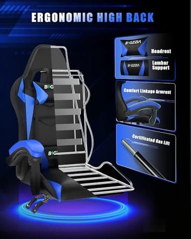Bigzzia Gaming Chair with RGB LED Lights, High Back Ergonomic Computer Gamer Chair with Headrest and Lumbar Support, Racing Style Reclining Game Chair for Adults, Kids(Black/Blue) - Image 6