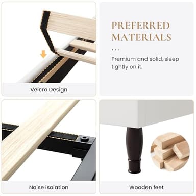 SHA CERLIN Queen Size Bed Frame with Adjustable Headboard/Velvet Upholstered/Diamond Button Tufted and Metal Studs/No Box Spring Needed/Sturdy Wood Slat Support/Easy Assembly/White - Image 6