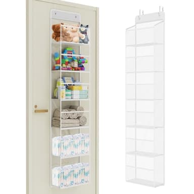 Univivi Over Door Hanging Organizer, Closet Door Organizer with 6 Clear Plastic Pockets & 2 Big Metal Hooks for Cosmetics, Bathroom, Nursery and Sundries - Image 1