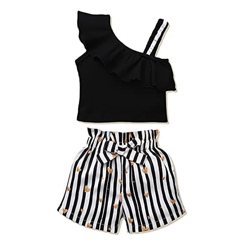 DISAUR Baby Girl Summer Clothes Black t-Shirt+ White Black stripes Shorts Toddler Girl Outfits 3t 4t 3-4t - Image 1