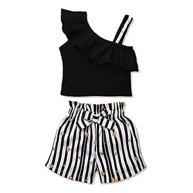 DISAUR Baby Girl Summer Clothes Black t-Shirt+ White Black stripes Shorts Toddler Girl Outfits 3t 4t 3-4t - Image 1