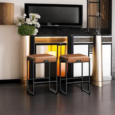 VASAGLE EKHO Collection - Bar Stools Set of 2, Counter Height Bar Stools, Synthetic Leather with Stitching, Mid-Century Modern Counter Stools, 26-Inch Tall, Kichen Home Bar Dining Room, Caramel Brown - Image 6