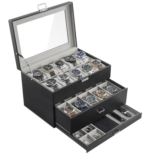 ProCase 20 Slot Watch Box for Men, 3-Layer Watch Display Case with Glass Lid, Watch Holder with Drawer, Jewelry Storage Organizer for Watches Straps Rings -Black - Image 1