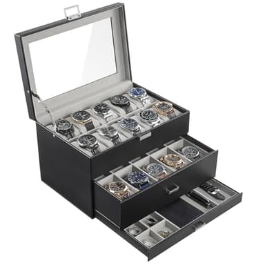 ProCase 20 Slot Watch Box for Men, 3-Layer Watch Display Case with Glass Lid, Watch Holder with Drawer, Jewelry Storage Organizer for Watches Straps Rings -Black - Image 1