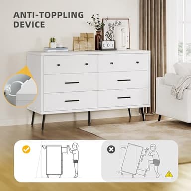 DWVO White 6-Drawer Dresser, Modern Wooden Chest of Drawers with Black Metal Handles & Anti-Tip Safety, Stylish Storage Cabinet for Bedroom, Living Room, Hallway, or Entryway - Image 5