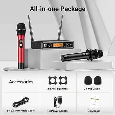 Wireless Microphone System, TONOR Professional Metal Cordless Karaoke Microphones, Handheld Dynamic Mic Set with Receiver for Party, Meeting, KTV, Church, DJ, Wedding, Singing, 200ft, TW820 Black &Red - Image 9