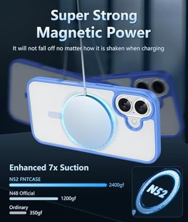 FNTCASE for iPhone 16 Phone Case: Clear Magnetic Military Grade Drop Protection Anti Yellowing Slim Case - Rugged Shockproof Protective Transparent Cell Phone Cover (E-Ultramarine) - Image 3