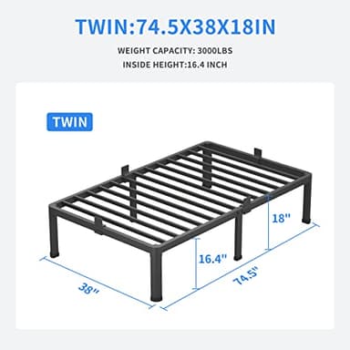 MAF 18 Inch Twin Bed Frames with Round Corner Legs Mattress Slide Stopper No Box Spring Needed Heavy Duty Metal Platform Bed Frame Under-Bed Storage Space, 3000 LBS Steel Slats Support - Image 2