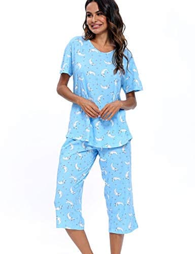 ENJOYNIGHT Womens Pajama Sets Cotton Pj Set Short Sleeve Top With Capri Pants Sleepwear 2 Piece Lounge Set(X-Large,Moon) - Image 5