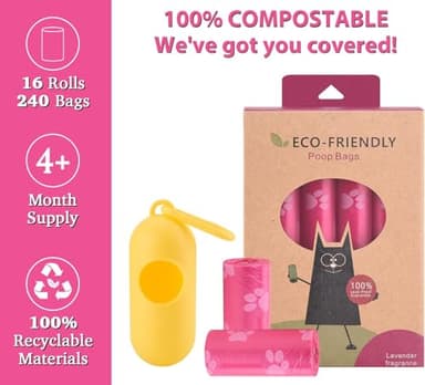 WDFAACK Biodegradable Dog Poo Bags with Holder-240 Large Poop Bags, Corn Starch Blended Compostable Bag, Extra Thick Strong Leak Proof Waste Bag for Dogs (Pink) - Image 2