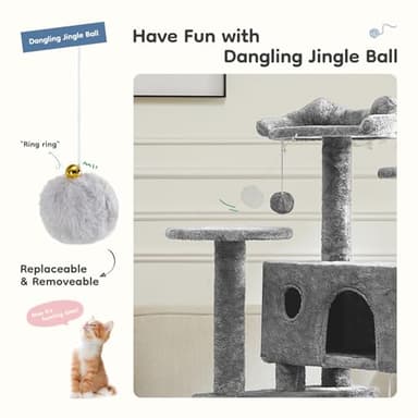 DUMOS 54-inch Indoor Cat Tree Tower –Multi-Level Pet House for Large Cats with 2 Condos, Scratching Posts, Round Platform, Small Ladder, and Toys, Light Grey - Image 5