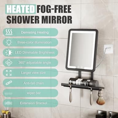 BGick Lighted Anti-Fog Shower Mirror for Shaving - 3 Color Modes Dimming Fogless with Light, 360°Rotation, Rechargeable Shower Mirror with Storage Tray & Razor Holders & Shaving Brush Holders (Grey - Image 4