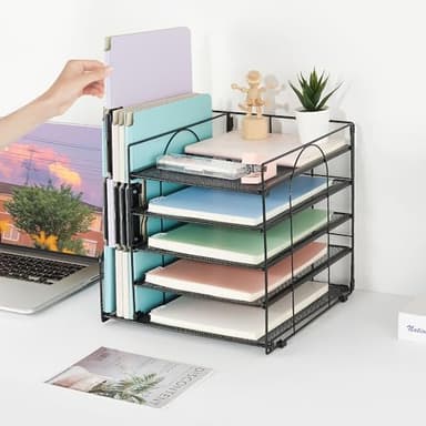 AUPSEN Desk Organizer with File Holder, 5 Trays Paper Letter Tray Organizer, Mesh Desk Organizers and Accessories for Home Office (Black) - Image 6