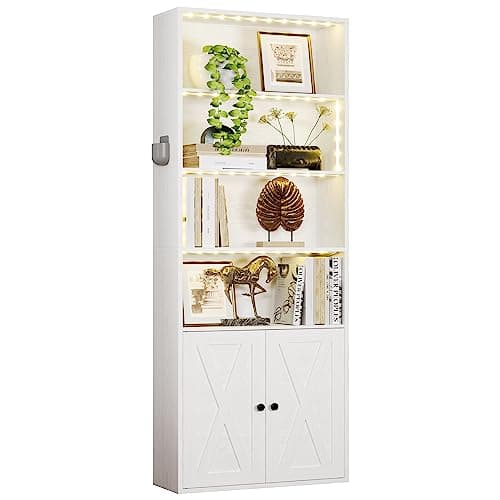 IRONCK Tall Bookcase with LED Lights, 70 in Industrial Bookshelves and Bookcases with Doors, 6 Shelf Display Storage Shelves Floor Standing for Home Office, Living Room, Bedroom - Image 1