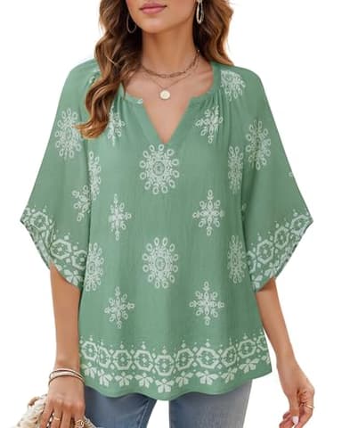 Bebonnie Ladies Tunic Tops and Blouses: 3/4 Sleeve Dressy Casual V Neck Boho Tops - Summer Linen Beach Vacation Clothes - Fancy Blouses for Women Elegant Light Green XXL - Image 2