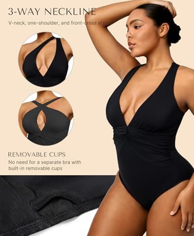 SHAPELLX One Piece Swimsuit Women Tummy Control V Neck One Piece Bathing Suit Built-in Bra One Shoulder Swimwear S Black - Image 4