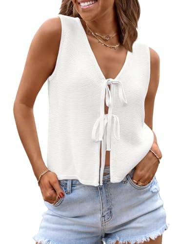 LILLUSORY Womens Crochet Tops Ladies Summer Vacation Outfits Beach Fashion Tank Y2K 2025 Cute Clothes Tie Front Sweater Vest White M - Image 1