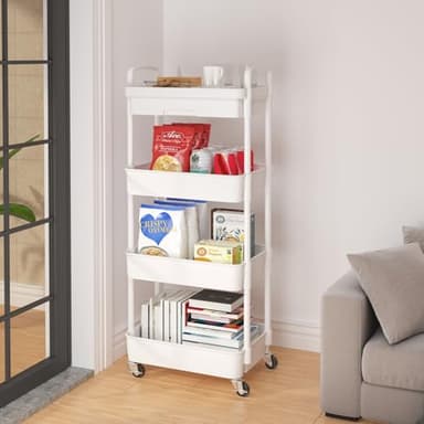 Calmootey 4-Tier Rolling Utility Cart with Drawer,Multifunctional Storage Organizer with Plastic Shelf & Metal Wheel,Storage Cart for Kitchen,Bathroom,Living Room,Office,White - Image 4