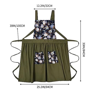 Pinknoke Vintage Pinafore Apron Dress for Women with Pockets Cute Floral Chef Aprons for Kitchen Cooking Baking Gardening (Olive Green) - Image 4