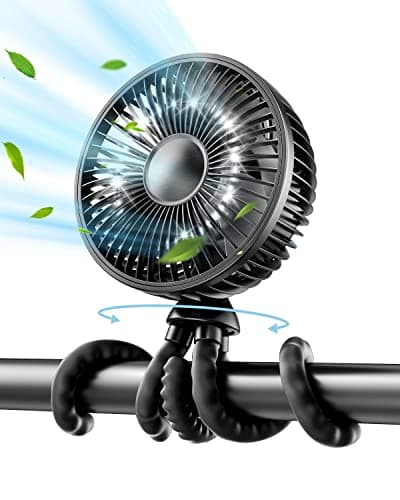 Gaiatop Baby Stroller Fan, 4000mAh Oscillating Mini Portable Fan with Light, 4 Speeds Battery Operated Small Handheld Desk Fan, 360° Rotate Flexible Tripod Clip On Fan for Car Seat Crib Travel Black - Image 1