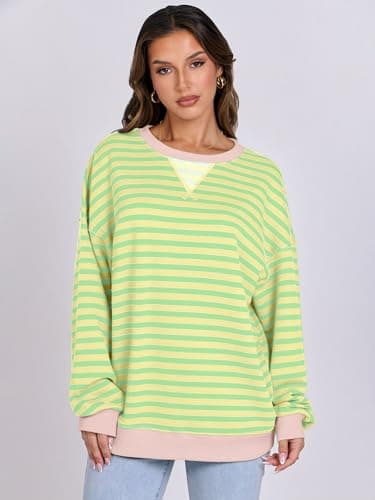 ANRABESS Women Striped Sweatshirts Oversized Crewneck Long Sleeve Shirts Y2K Pullover Top 2025 Fall Outfits Fashion Clothes Light Yellow Green Large - Image 7