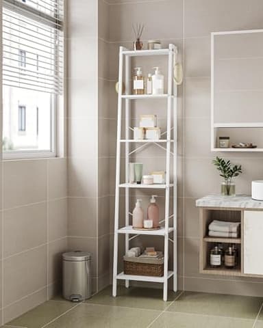 Hzuaneri Ladder Shelf, Bookshelf Bookcase, Freestanding Corner Storage Shelve with 2 Hooks for Home Office, Living Room, Kitchen, Bedroom, Industrial, 6-Tier White BC13313W - Image 6