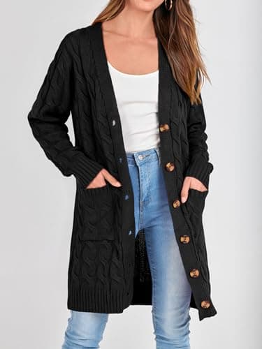PRETTYGARDEN Long Sleeve Cable Knit Long Cardigan for Women 2025 Fall Winter Chunky Open Front Button Sweaters with Pockets (Black, Medium) - Image 2