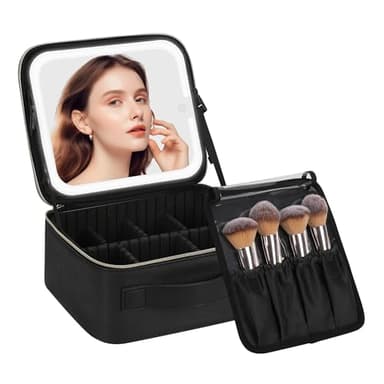 Chomeiu Makeup Bag with LED Mirror, Travel Makeup Case for Women and Makeup Artists Cosmetic Organizer Large Make Up Bags with Light Up Mirror, 3 Color Lights, Adjustable Dividers and Brush Holder - Image 1