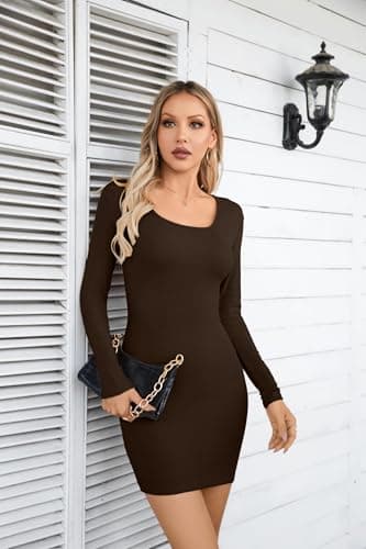 VICHYIE Women Dress Square Neck Bodycon Ribbed Long Sleeve Tight Fall Mid Thigh Pencil Above Knee Mini Dresses Coffee M - Image 7