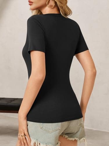 Womens Summer Short Sleeve Sexy Tshirt Tops Deep V Neck Shirts Casual Slim Fit Basic T-Shirt Tee A-Black - Image 5