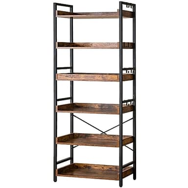 HCHQHS Adjustable 6 Tier Open Bookcase, Rustic Farmhouse Book Shelves, Industrial Wood and Black Metal Bookshelves, Mid Century Bookcase for Home Office Living Room Bedroom - Image 1