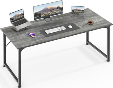 Huuger Computer Desk, 55 Inch Home Office Desk, Gaming Writing Work from Home Study Desk, Large Legroom, Sturdy Metal Frame, Modern Simple, Grey - Image 1