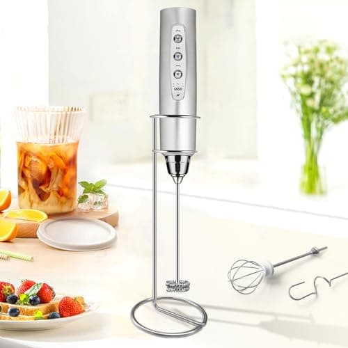 Sakgos Milk Frother with Stand Rechargeable-Handheld Frother Wand with 3 Stainless Whisks 3 Speed Adjustable, Electric Whisk Drink Mixer, Foam Maker Blender for Matcha Latte Cappuccino Chocolate - Image 1